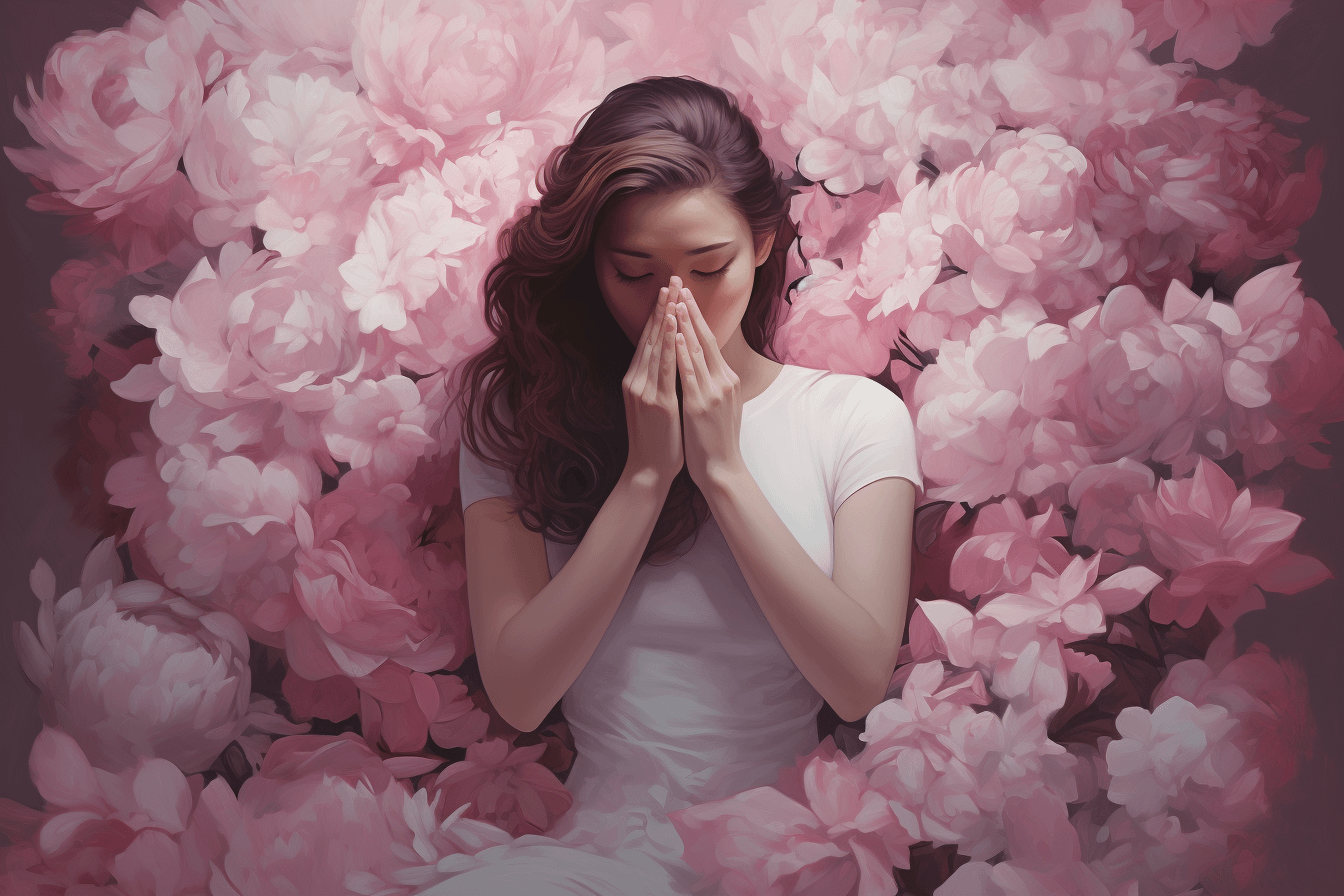 a girl surrounded by pink and white flowers practicing self compassion