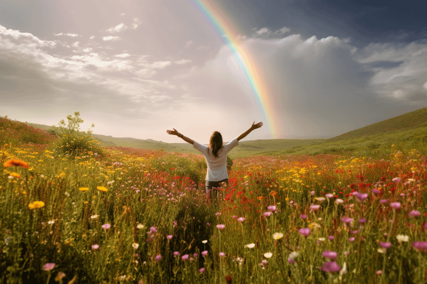 woman with arms outstretched in a field with rainbow