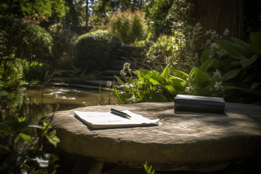 journaling for self-care sitting by a pond journaling