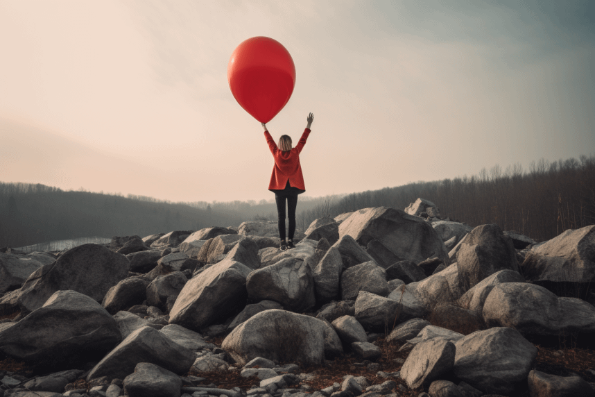 overcoming self-doubt - woman standing on rocks with a red balloon