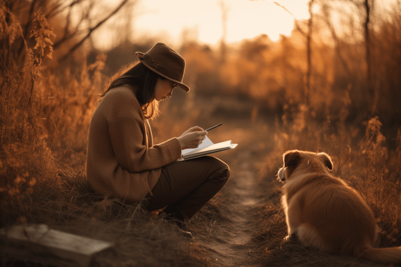 self care activities for anxiety relief - girl sitting down journaling in nature with her pet dog