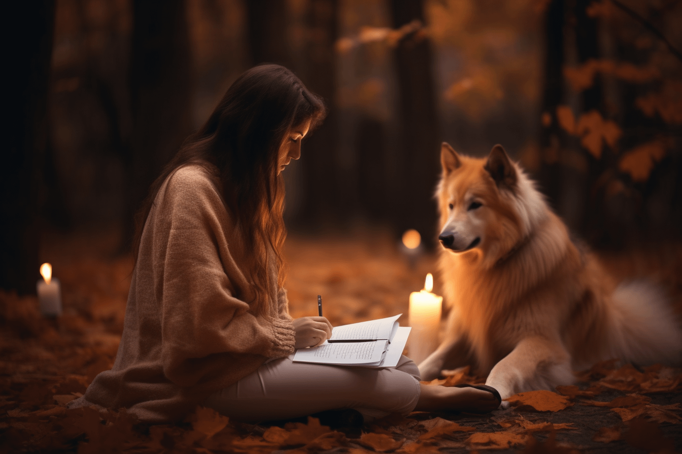 the importance of self-care - girl writing in journal sitting with her dog