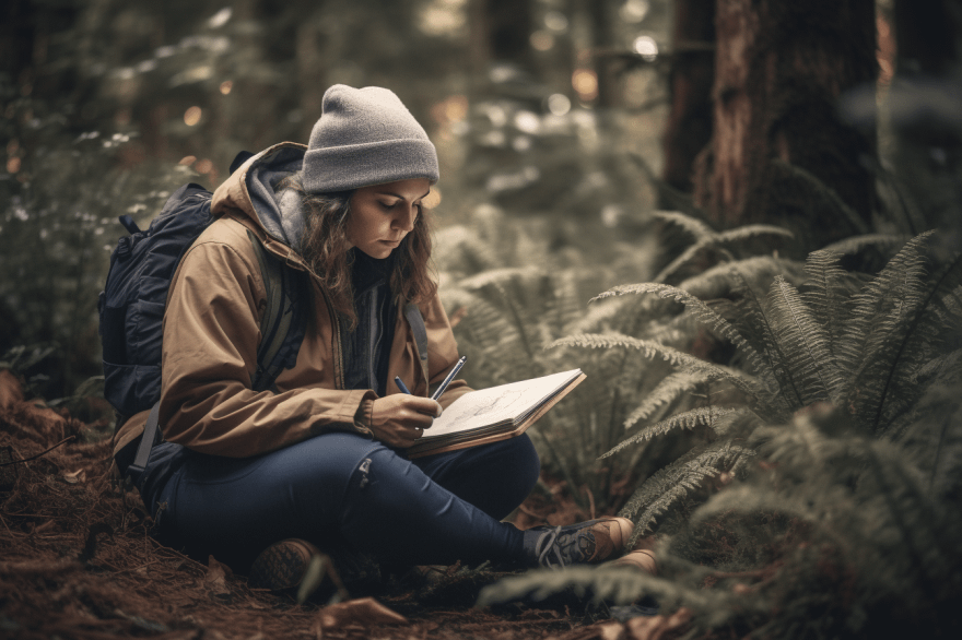 journaling for self-care - girl writing in her journal in nature